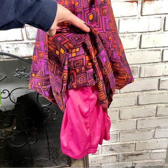Vintage 90s Bright Pink Orange Geometric Print Mock Neck Halter Mini Dress Small - Picture 6 of 7